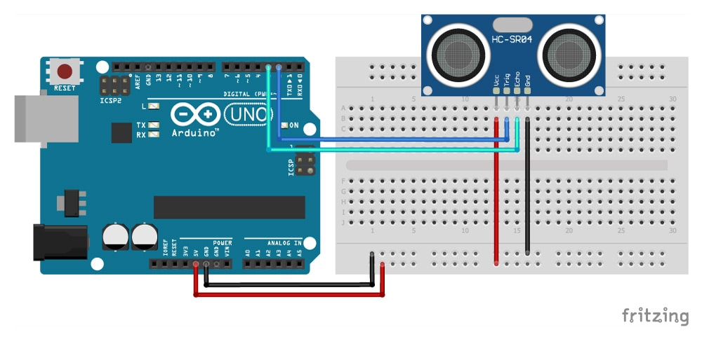 HC-SR04 与 Arduino 的四线接线示意(VCC-Trig-Echo-GND)