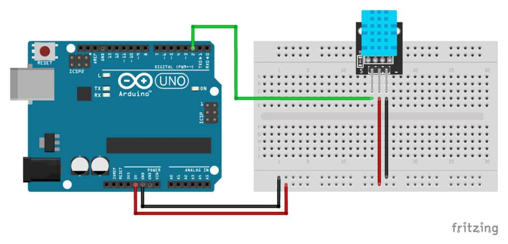 DHT11 模块与 Arduino 三线接线示意(VCC-DATA-GND)