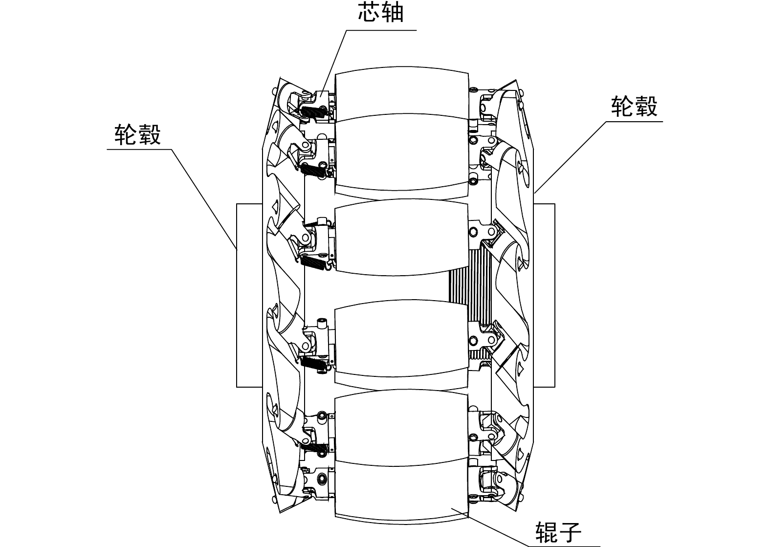 麦克纳姆轮结构：轮毂、辊子与芯轴