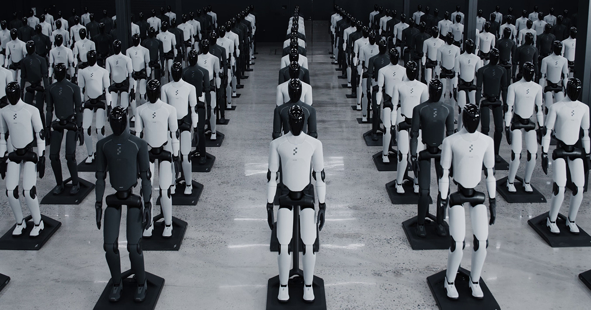 Figure BotQ量产车间里成排的Figure 03人形机器人,黑白两色织物机身整齐列队
