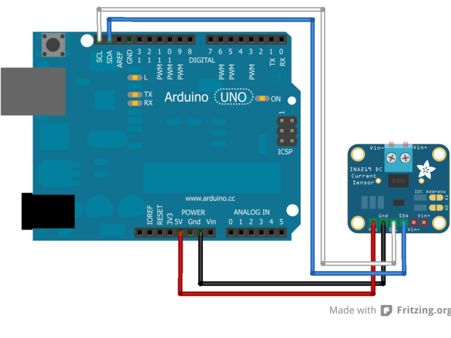 INA219 原始排针版接 Arduino 的连线图