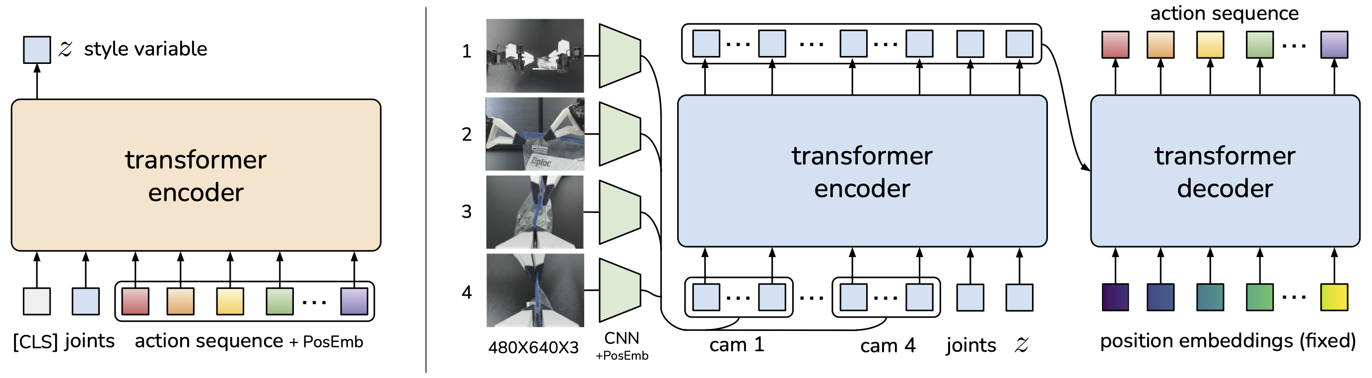ALOHA 项目里的 ACT 策略结构图：CVAE 编码器与 transformer 解码器