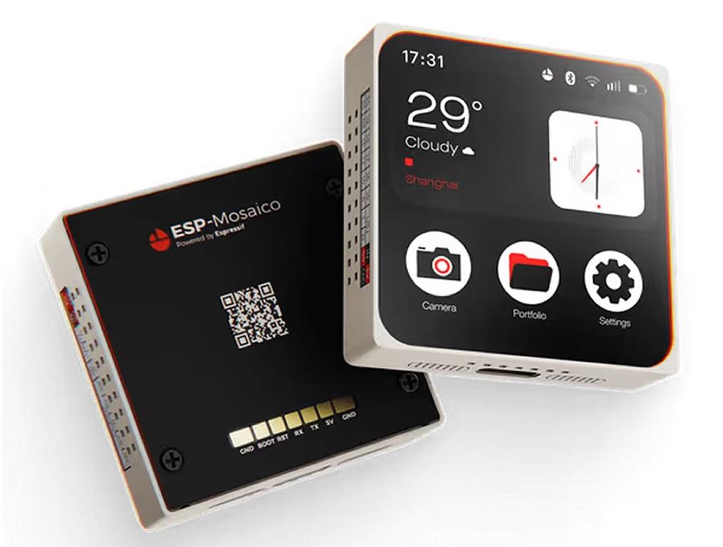 ESP-Mosaico 功能框图,标出 ESP32-S31 主控、电源、屏幕与模块插槽的连接关系
